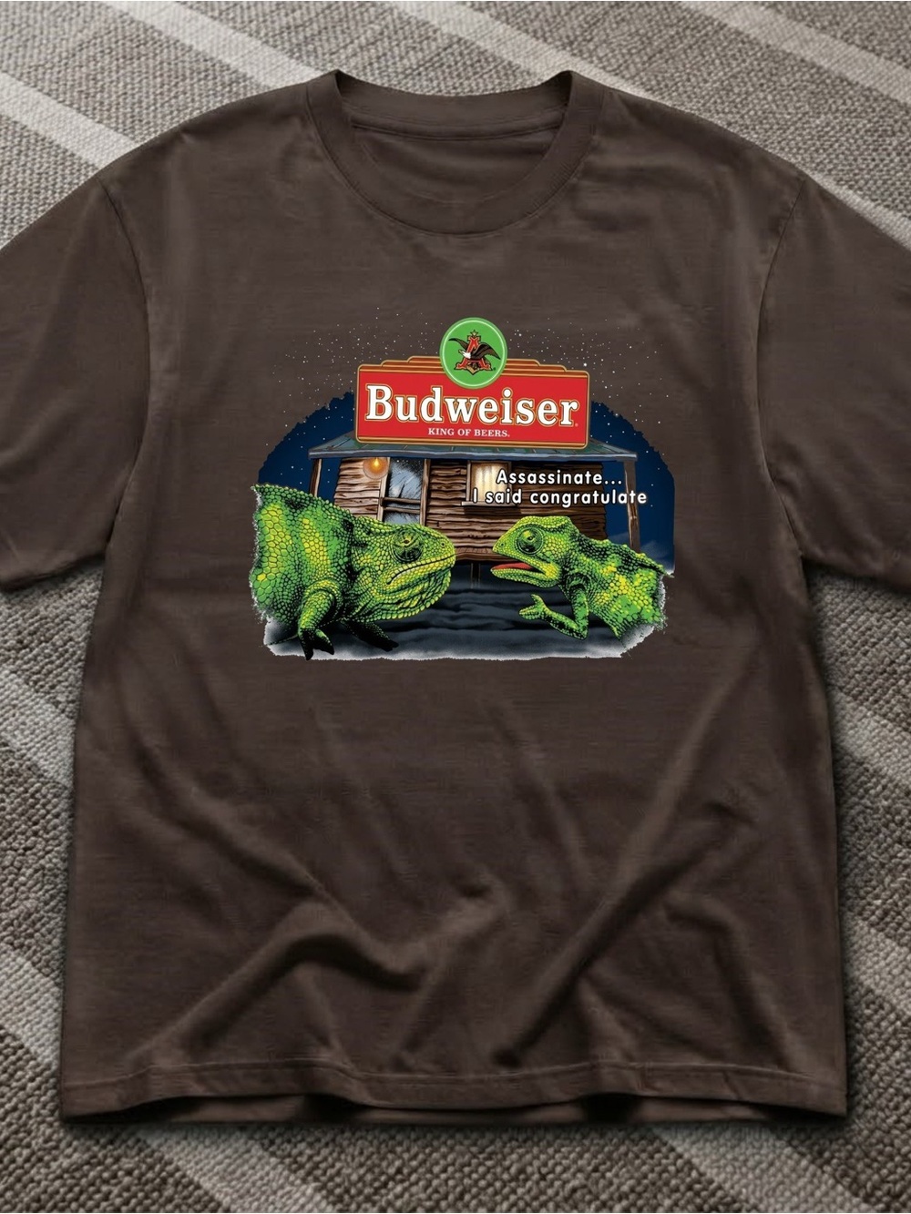 Gildan Budweiser Brown Tee with Green Chameleons and Red Logo